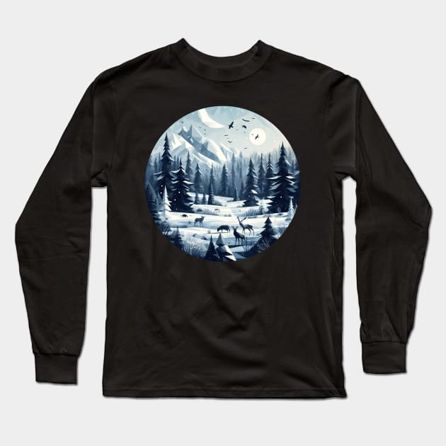 Low Poly Winter Forest with Deer Long Sleeve T-Shirt by Antipodal point